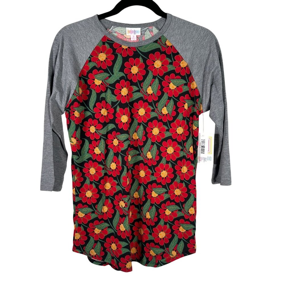 SMALL S LuLaRoe RANDY Daisy Poppy Flowers Black Gray Hippie Raglan Tee Shirt